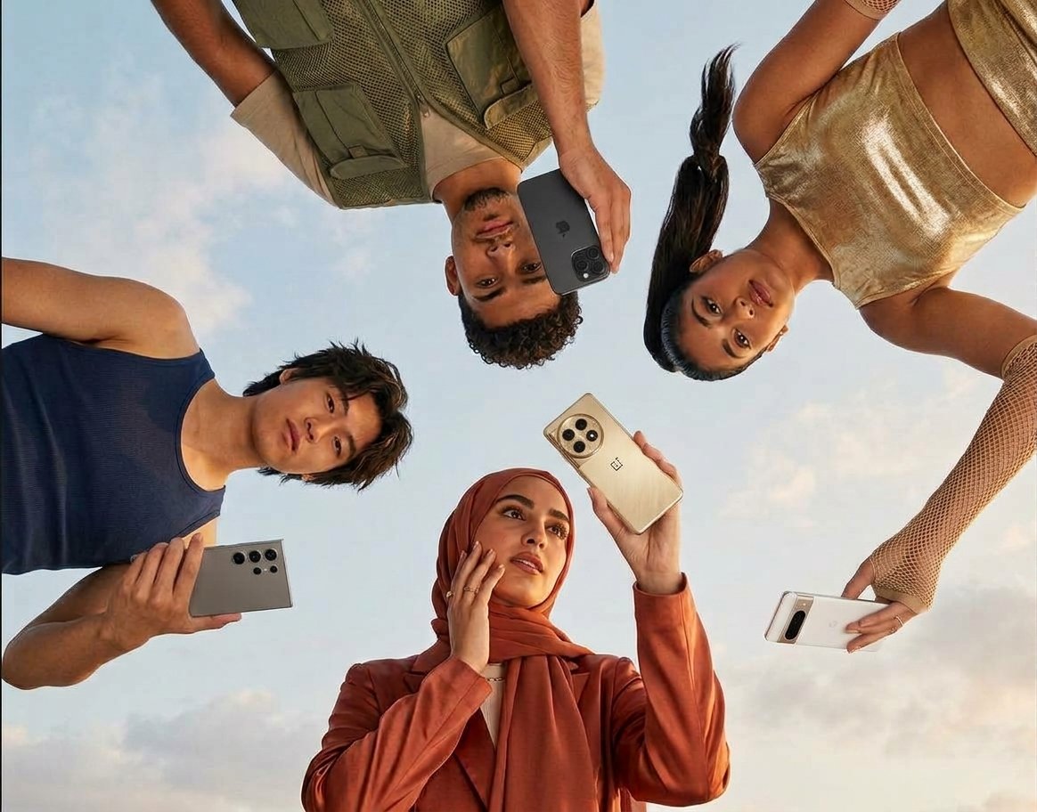 Grupo de personas rodeando la cámara bajo un cielo azul