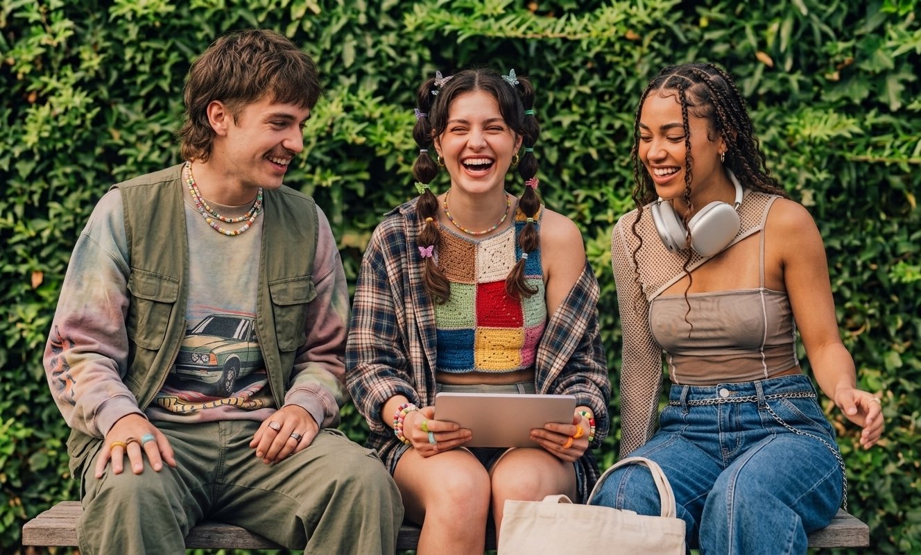 Personas compartiendo un momento con elementos digitales superpuestos