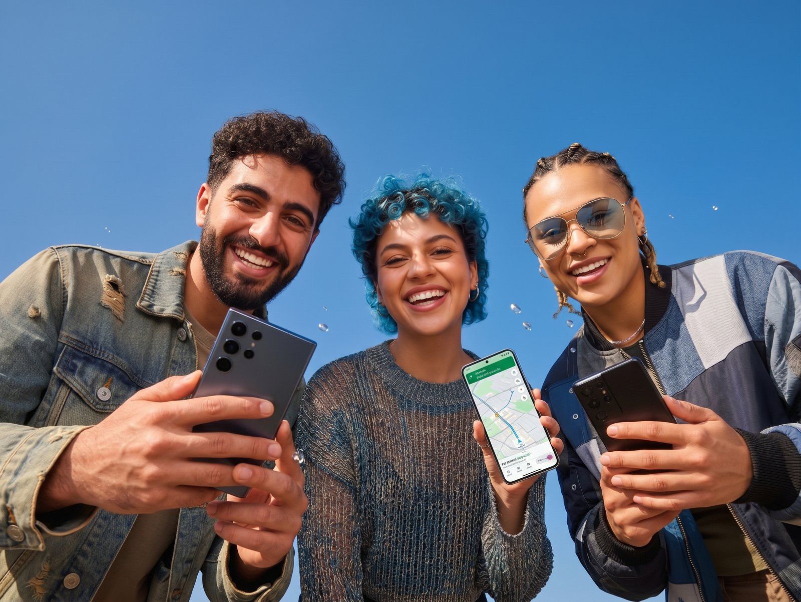 Tres personas en una composición con interfaces de teléfono