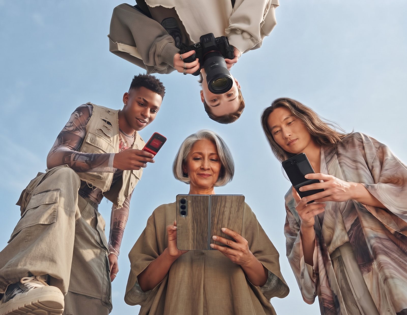 Grupo de jóvenes con teléfonos, fotografiado desde abajo hacia el cielo